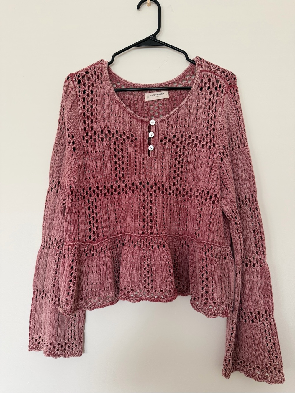 Lucky Brand Rose Pink Crochet Peplum Henley Top